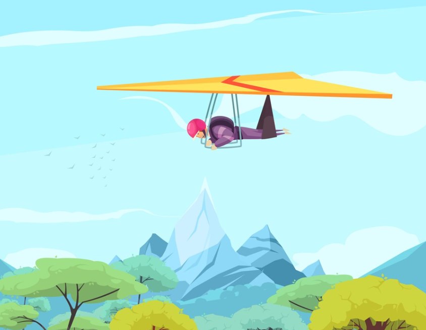 vector art: a person flying on a hang glider above oriental trees and mountains