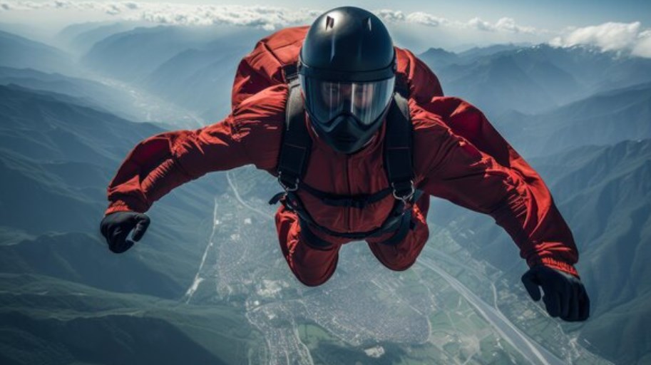 a skydiver floating in a red suit above mountains