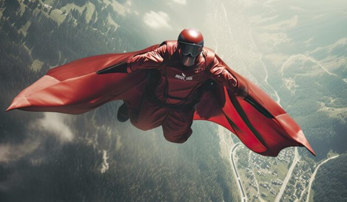 a person in a wingsuit flying above a picturesque landscape